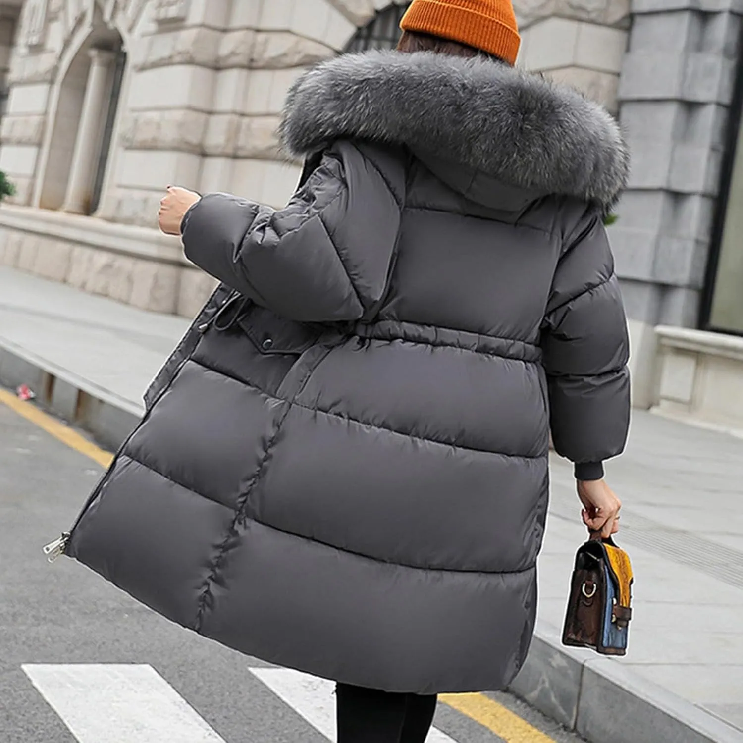 Winter Coats for Women with Faux Fur Hood Cotton Padded Down Jacket Mid Length Overcoat Warm Paraka Zipper Coat