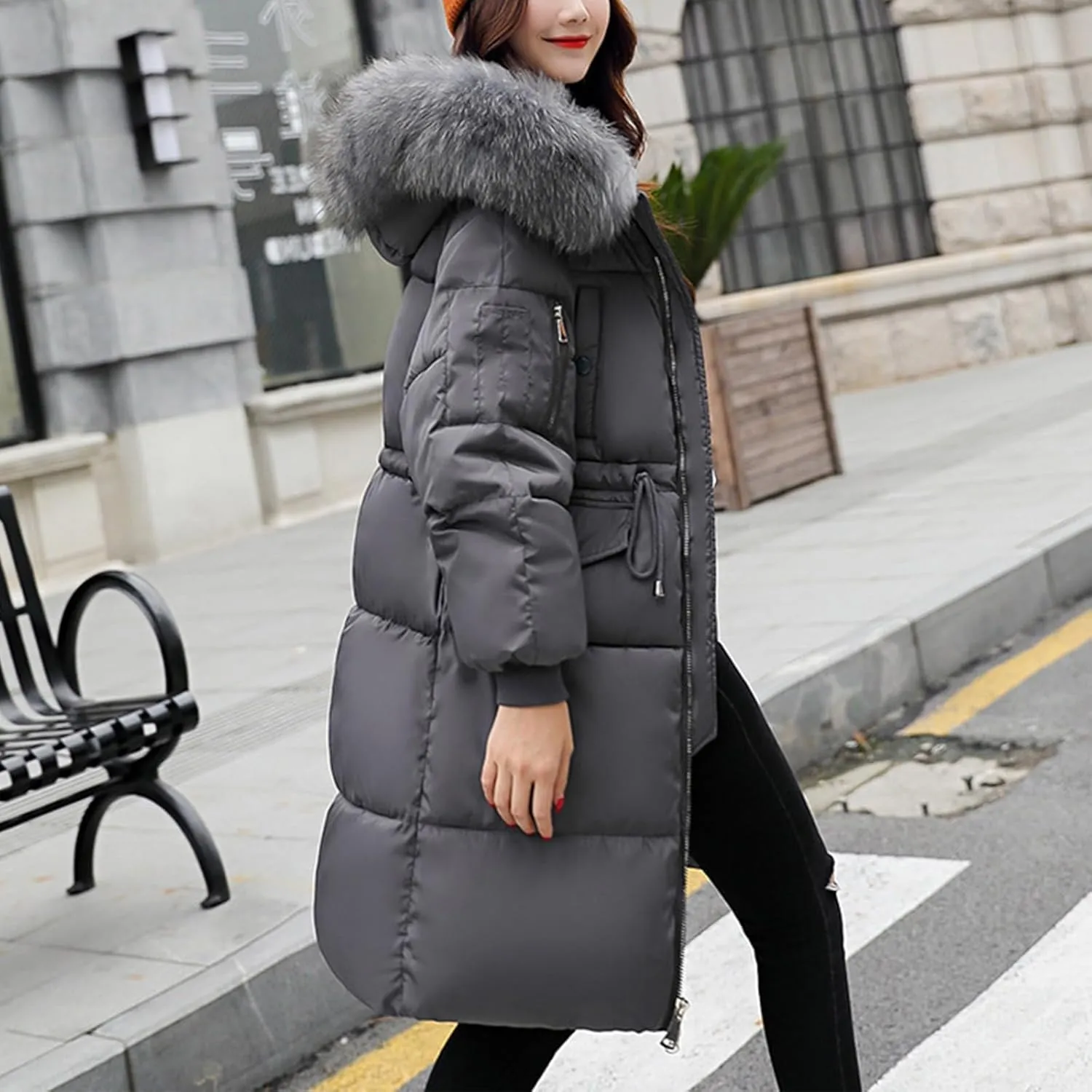 Winter Coats for Women with Faux Fur Hood Cotton Padded Down Jacket Mid Length Overcoat Warm Paraka Zipper Coat