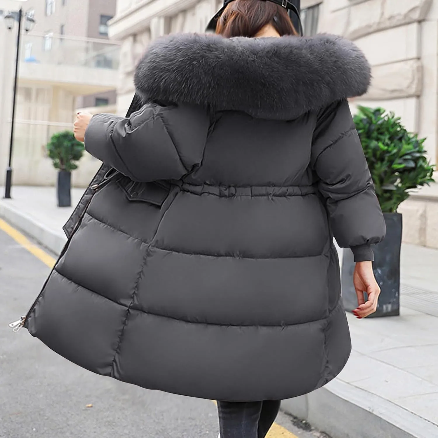 Winter Coats for Women with Faux Fur Hood Cotton Padded Down Jacket Mid Length Overcoat Warm Paraka Zipper Coat