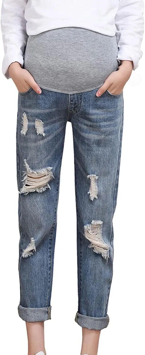Woman Maternity Ripped Jeans Pants Trousers Stretch Waist Adjustable Dark Maternity Jeans