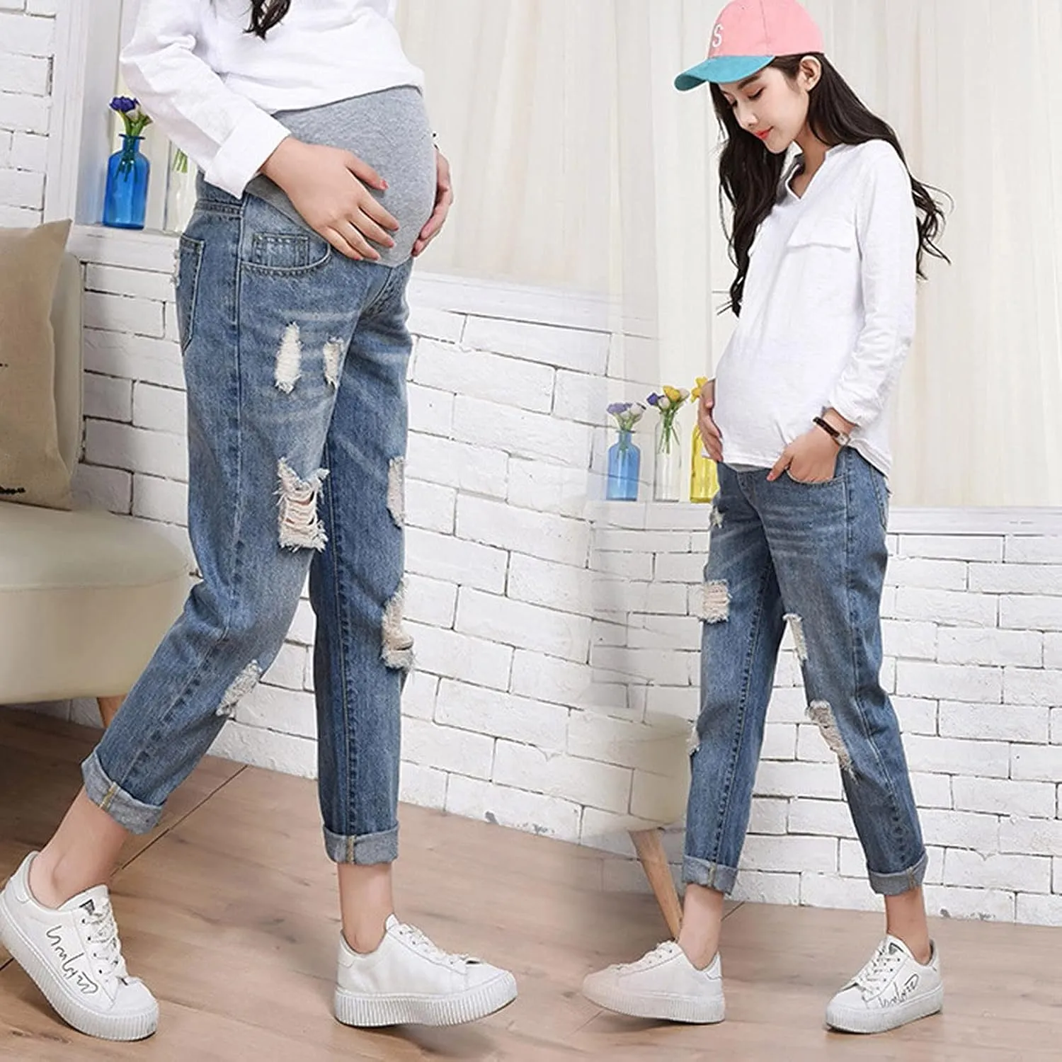Woman Maternity Ripped Jeans Pants Trousers Stretch Waist Adjustable Dark Maternity Jeans