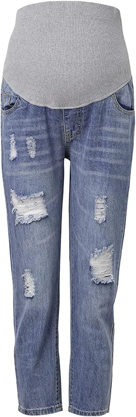 Woman Maternity Ripped Jeans Pants Trousers Stretch Waist Adjustable Dark Maternity Jeans