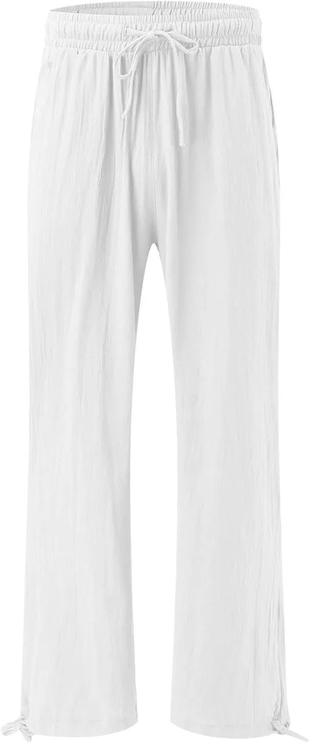 Women Linen Palazzo Pants Summer Comfy Flowy Wide Leg High Waist Casual Loose Beach Lounge Pant Trouser