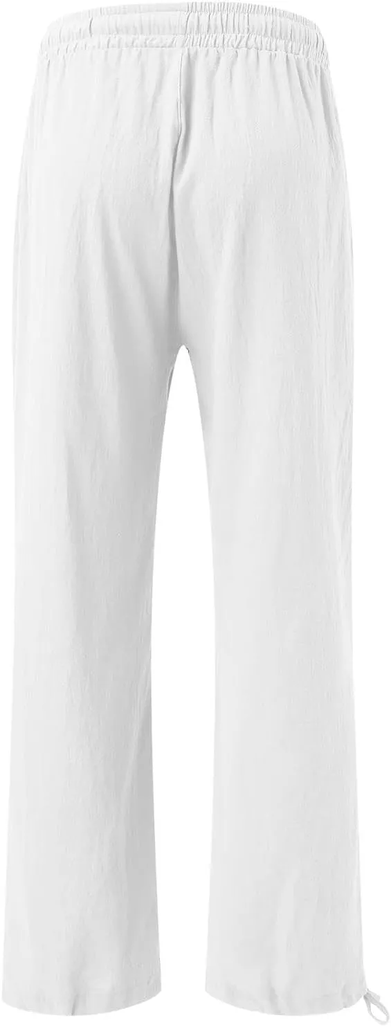 Women Linen Palazzo Pants Summer Comfy Flowy Wide Leg High Waist Casual Loose Beach Lounge Pant Trouser