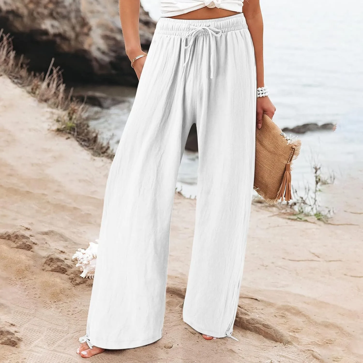 Women Linen Palazzo Pants Summer Comfy Flowy Wide Leg High Waist Casual Loose Beach Lounge Pant Trouser