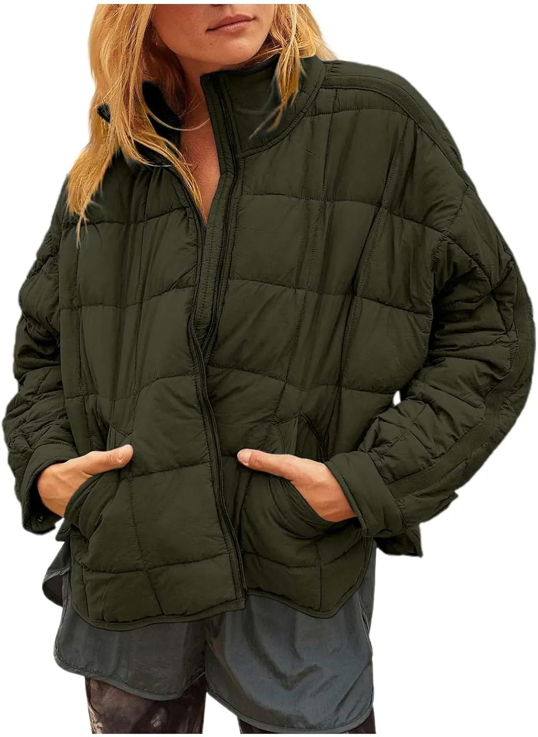 Womens Classic Vintage Solid Zipper Overcoat Long Sleeve Stand Collar Coat Casual Insulated Slim Jacket Outdoor Clothes