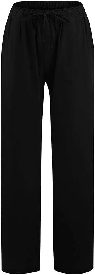 Women's Cotton Linen Pants Summer Casual Wide Leg Pant Loose Drawstring High Waist Palazzo Trousers with Pockets