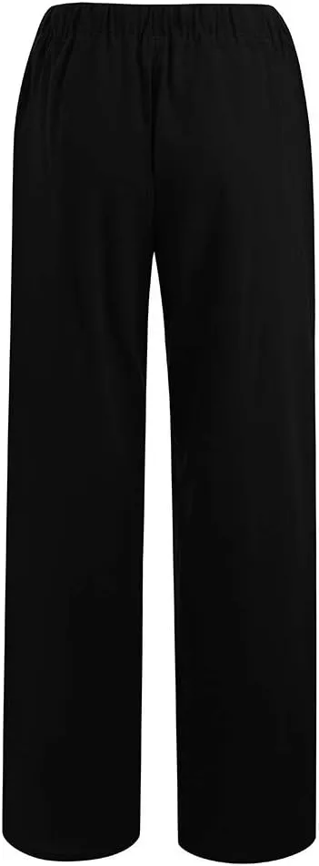Women's Cotton Linen Pants Summer Casual Wide Leg Pant Loose Drawstring High Waist Palazzo Trousers with Pockets