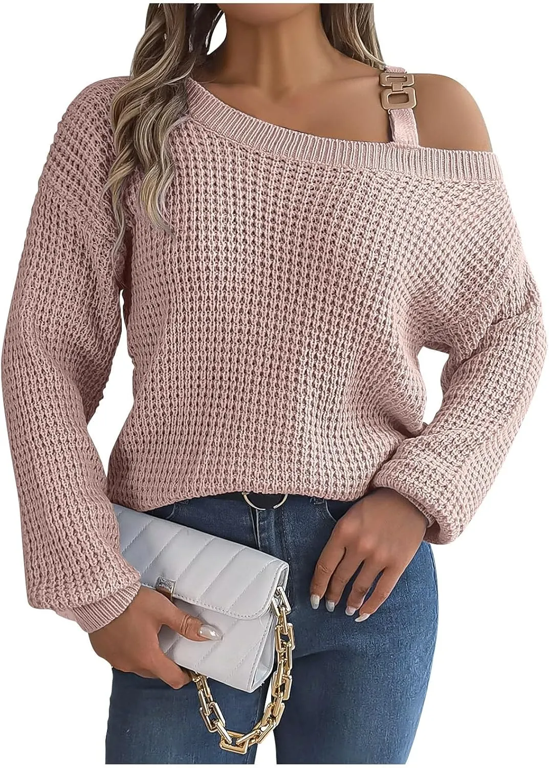 Women's Fashion Casual Loose Metal Buckle Spliced Off-Shoulder Sweater Solid Color Long Sleeve Sweater Pullover Top