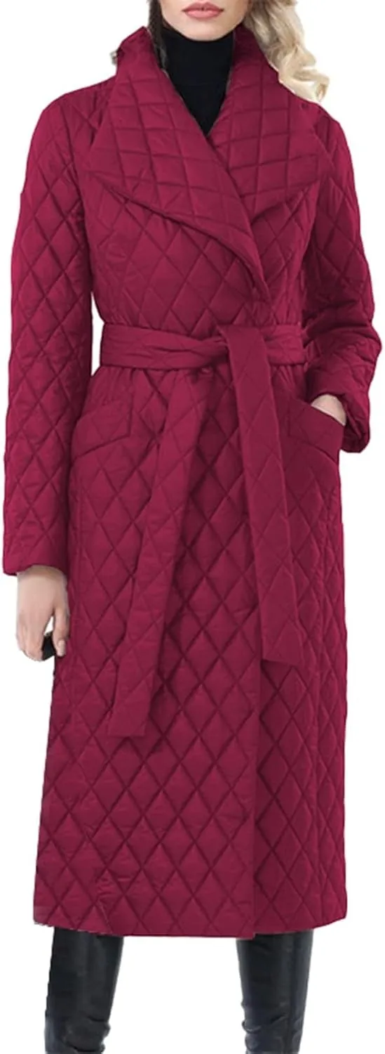 Womens Fashion Elegant Long Coat with Belt Long Sleeve Lapel Outwear Warm Fitted Soft Overcoat Winter Outdoor Clothes