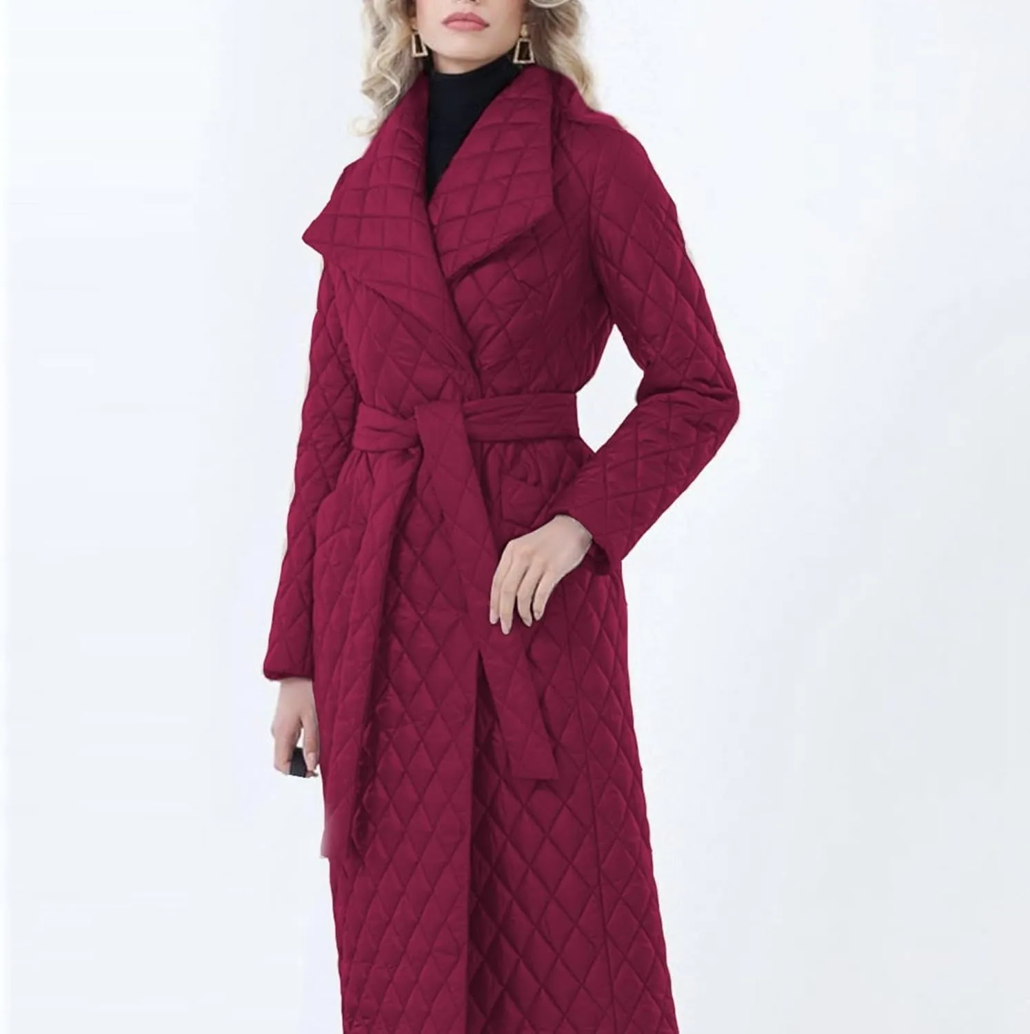Womens Fashion Elegant Long Coat with Belt Long Sleeve Lapel Outwear Warm Fitted Soft Overcoat Winter Outdoor Clothes