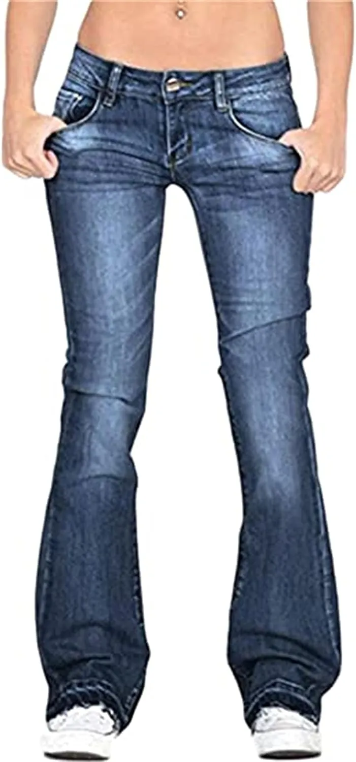 Women's Mid Waisted Stretchy Elastic Bell Bottom Jeans Juniors Flared Wide Leg Denim Pants Stretch Classic Flare Jeans (3X-Large,Dark Blue)