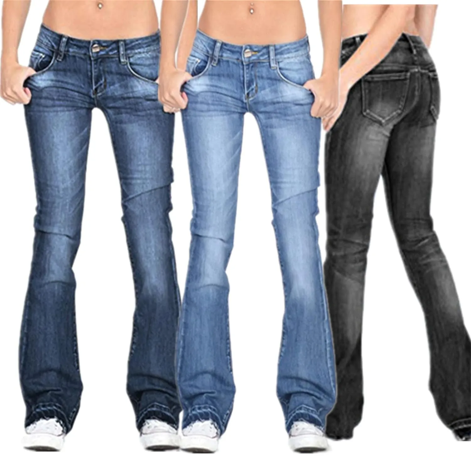 Women's Mid Waisted Stretchy Elastic Bell Bottom Jeans Juniors Flared Wide Leg Denim Pants Stretch Classic Flare Jeans (3X-Large,Dark Blue)