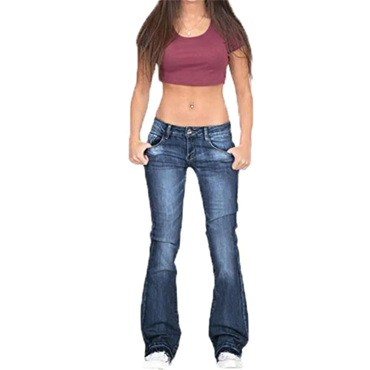 Women's Mid Waisted Stretchy Elastic Bell Bottom Jeans Juniors Flared Wide Leg Denim Pants Stretch Classic Flare Jeans (3X-Large,Dark Blue)