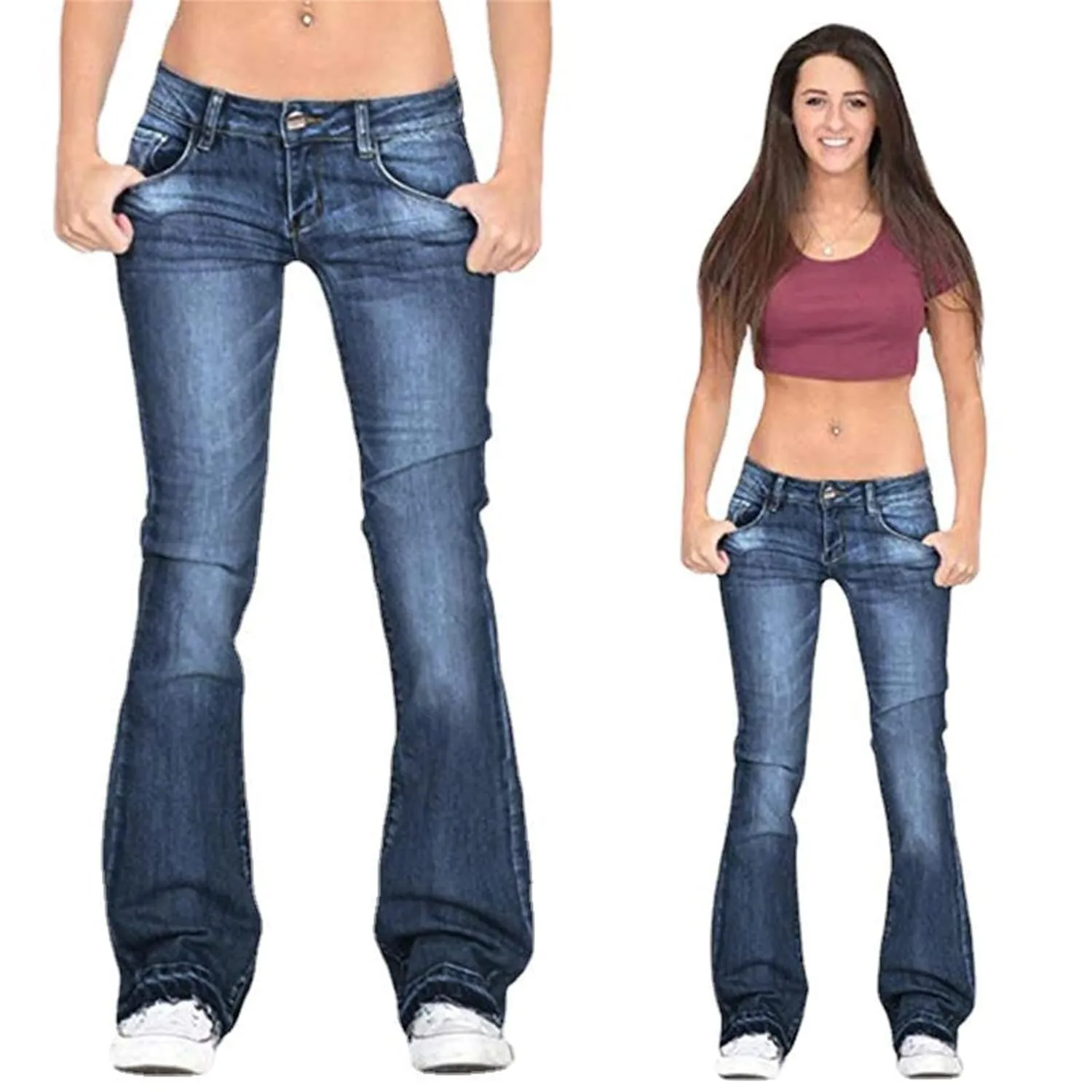 Women's Mid Waisted Stretchy Elastic Bell Bottom Jeans Juniors Flared Wide Leg Denim Pants Stretch Classic Flare Jeans (3X-Large,Dark Blue)
