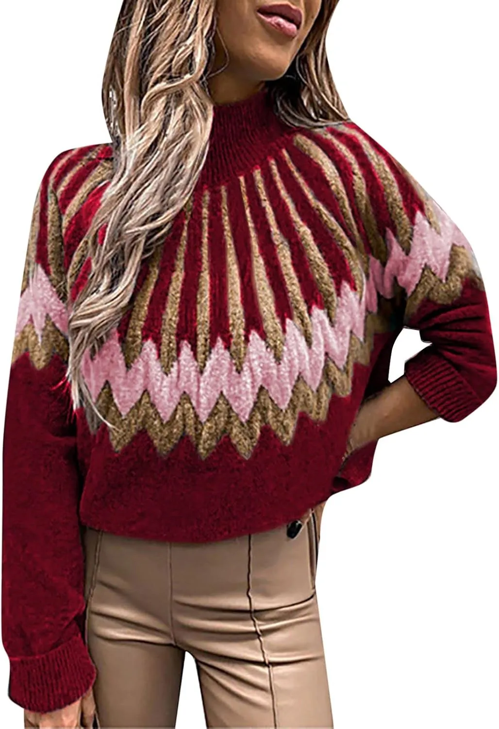 Womens Oversized Pullover Sweaters 2023 Turtleneck Long Sleeve Pullover Casual Long Sleeve Crewneck Cute (Red, XL)