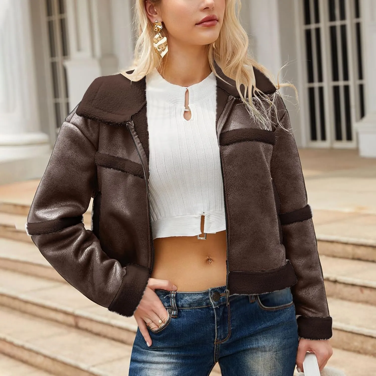 Women's PU Faux Leather Suede Jackets Fall Winter Fleece Lined Thickened Warm Short Coat Moto Biker Cropped Jacket