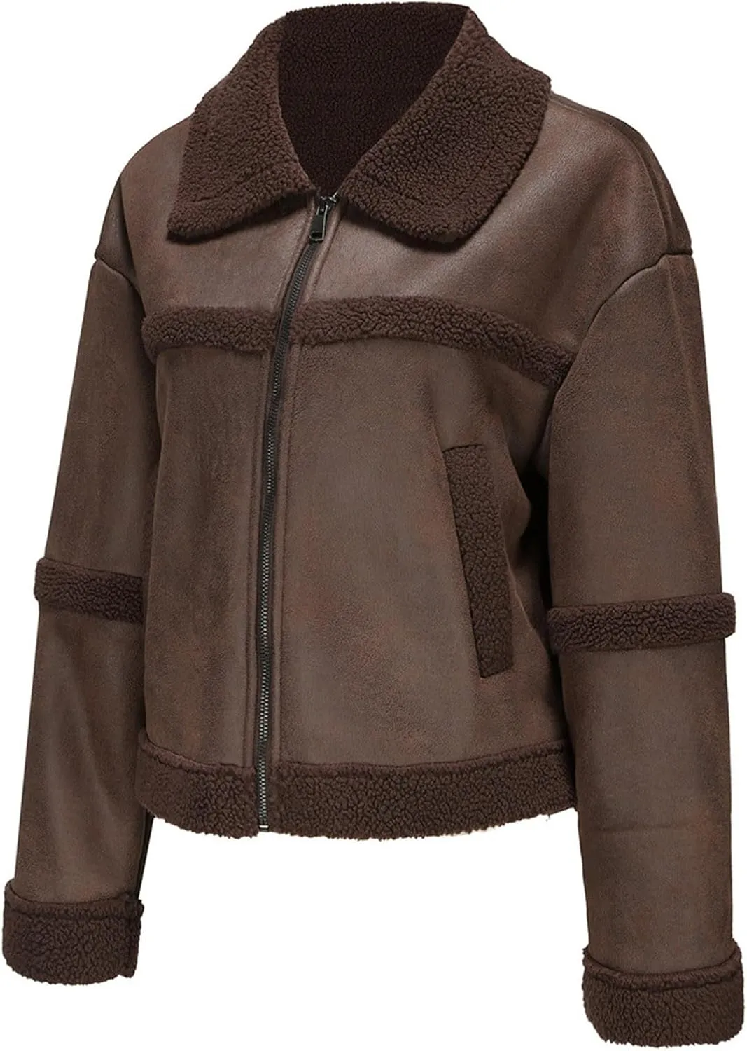 Women's PU Faux Leather Suede Jackets Fall Winter Fleece Lined Thickened Warm Short Coat Moto Biker Cropped Jacket