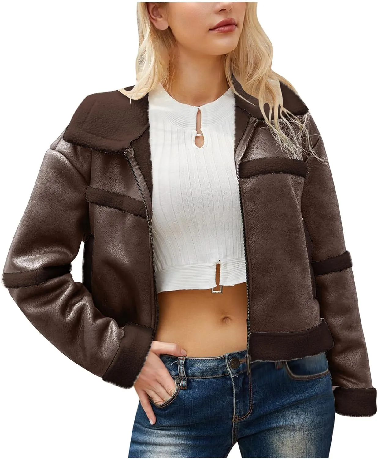 Women's PU Faux Leather Suede Jackets Fall Winter Fleece Lined Thickened Warm Short Coat Moto Biker Cropped Jacket