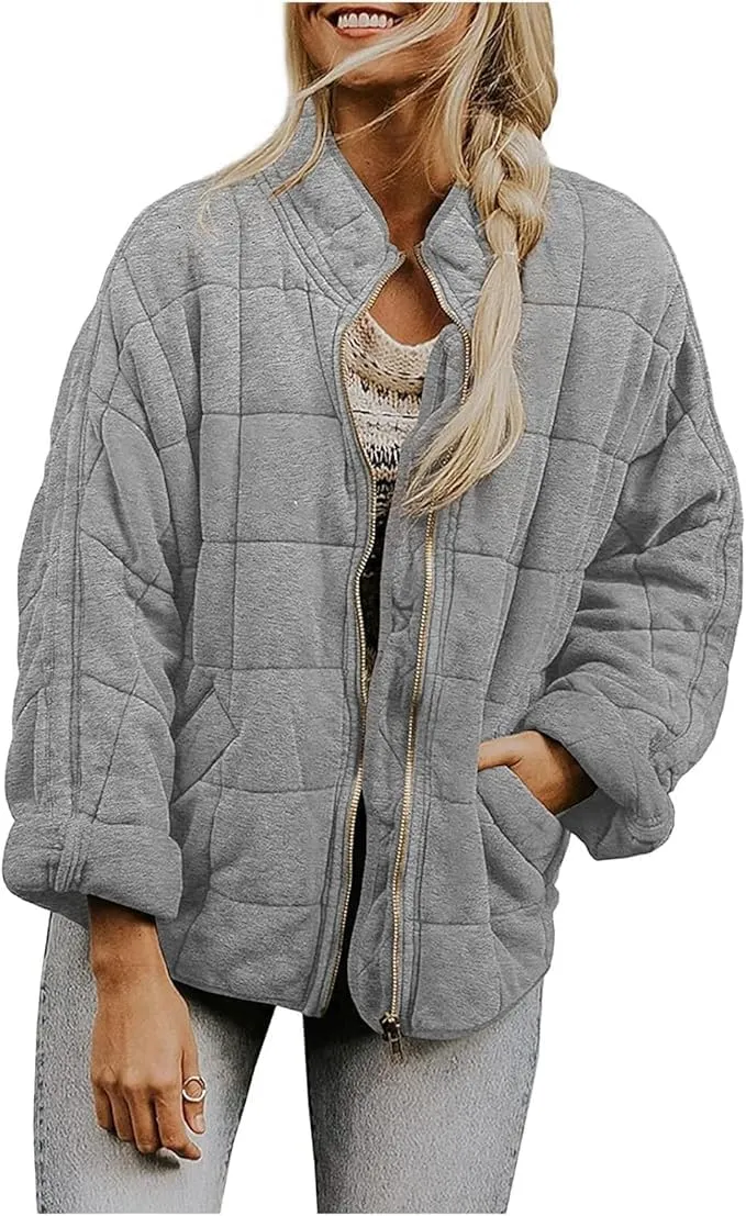 Womens Quilted Puffer Jackets Lightweight Dolman Sleeve Down Coats Zipper Oversized Fall Winter Coat Pockets