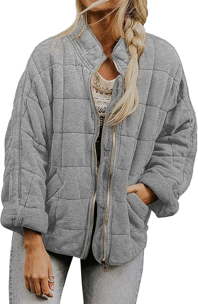 Womens Quilted Puffer Jackets Lightweight Dolman Sleeve Down Coats Zipper Oversized Fall Winter Coat Pockets