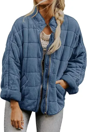 Womens Quilted Puffer Jackets Lightweight Dolman Sleeve Down Coats Zipper Oversized Fall Winter Coat Pockets