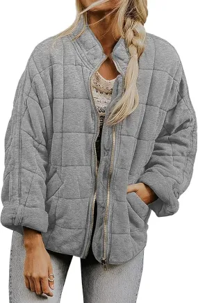 Womens Quilted Puffer Jackets Lightweight Dolman Sleeve Down Coats Zipper Oversized Fall Winter Coat Pockets