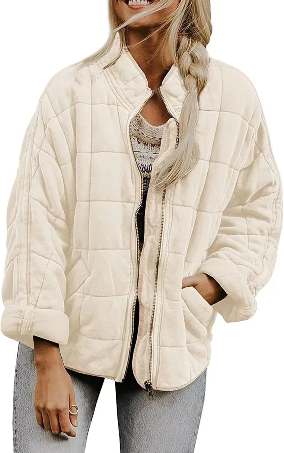 Womens Quilted Puffer Jackets Lightweight Dolman Sleeve Down Coats Zipper Padded Bomber Jackets Outwear with Pocket