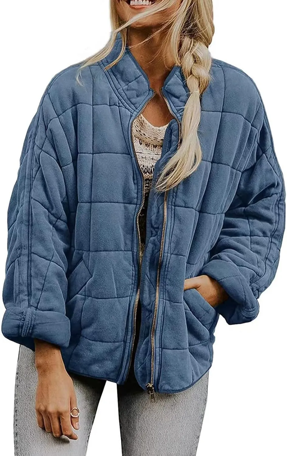 Womens Quilted Puffer Jackets Lightweight Dolman Sleeve Down Coats Zipper Padded Bomber Jackets Outwear with Pocket