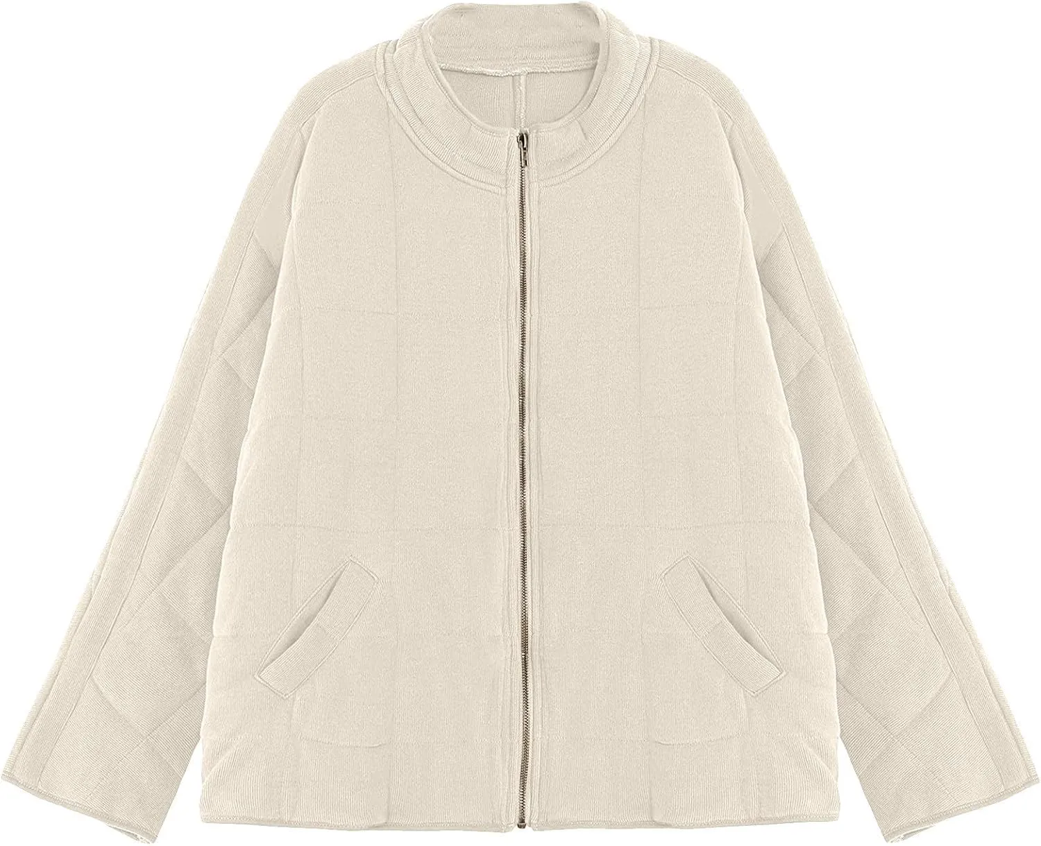 Womens Quilted Puffer Jackets Lightweight Dolman Sleeve Down Coats Zipper Padded Bomber Jackets Outwear with Pocket