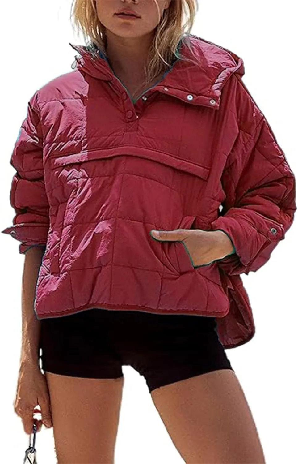 Women's Quilted Pullover Puffer Jackets Lightweight Button Outwear Winter Warm Oversized Packable Hooded Coat Tops
