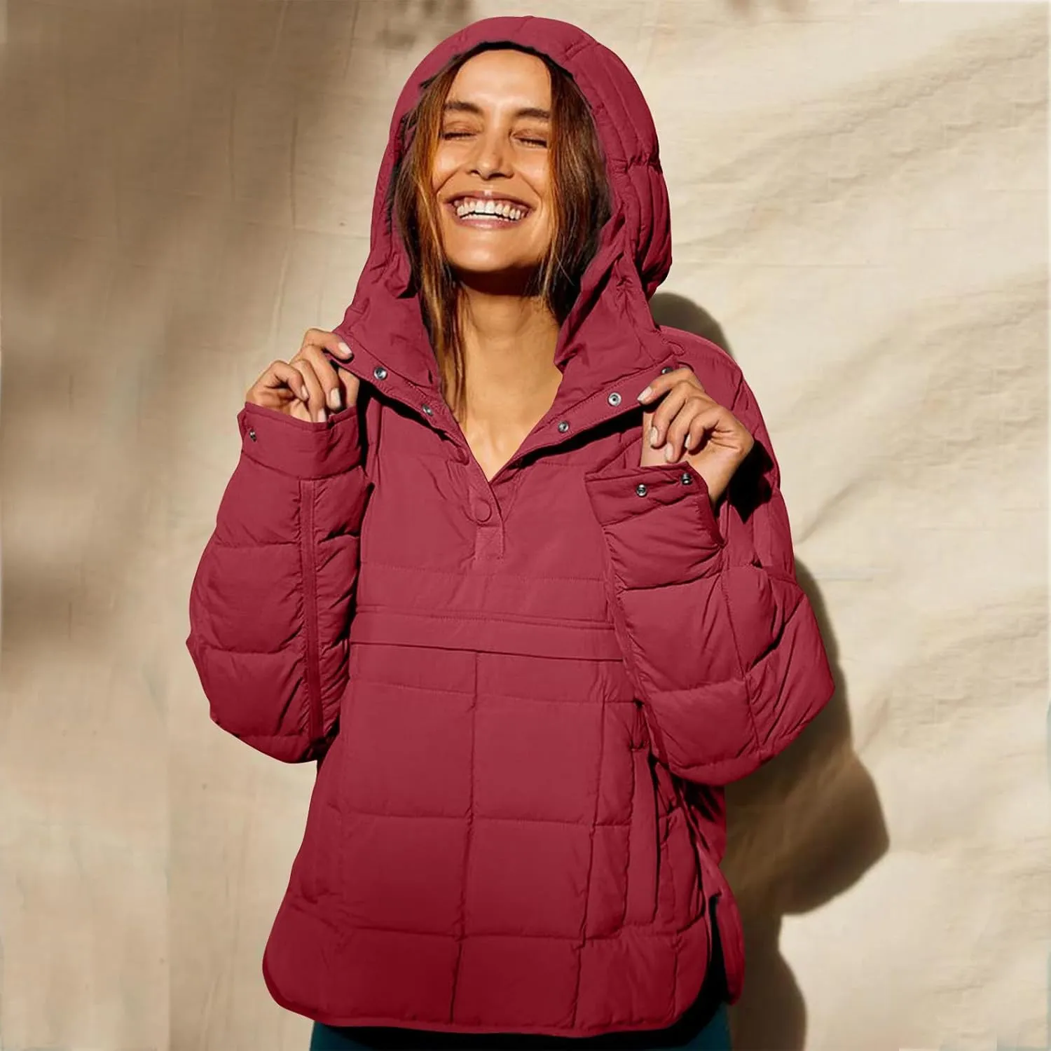 Women's Quilted Pullover Puffer Jackets Lightweight Button Outwear Winter Warm Oversized Packable Hooded Coat Tops