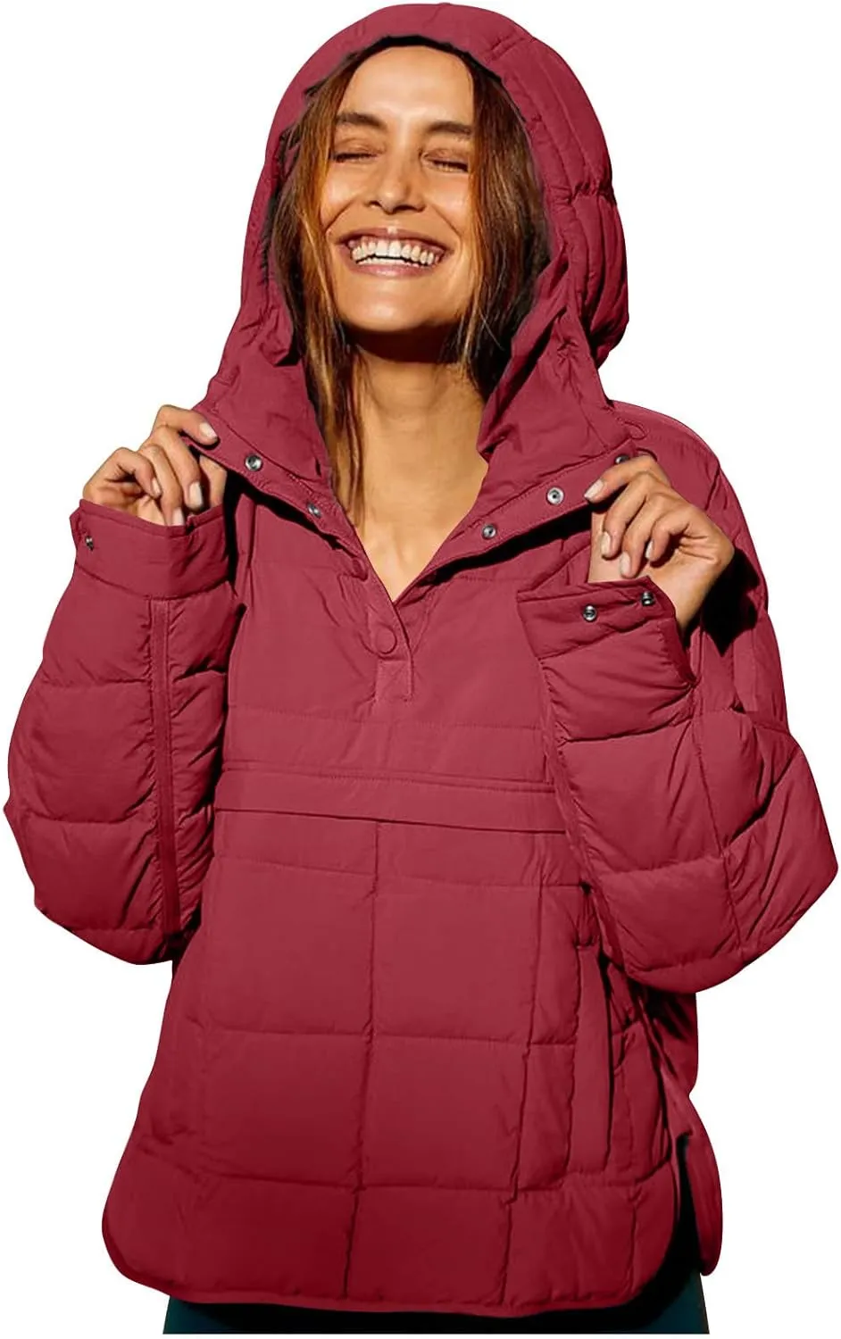 Women's Quilted Pullover Puffer Jackets Lightweight Button Outwear Winter Warm Oversized Packable Hooded Coat Tops