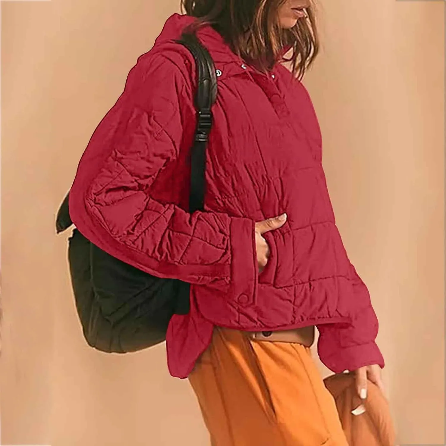 Women's Quilted Pullover Puffer Jackets Lightweight Button Outwear Winter Warm Oversized Packable Hooded Coat Tops