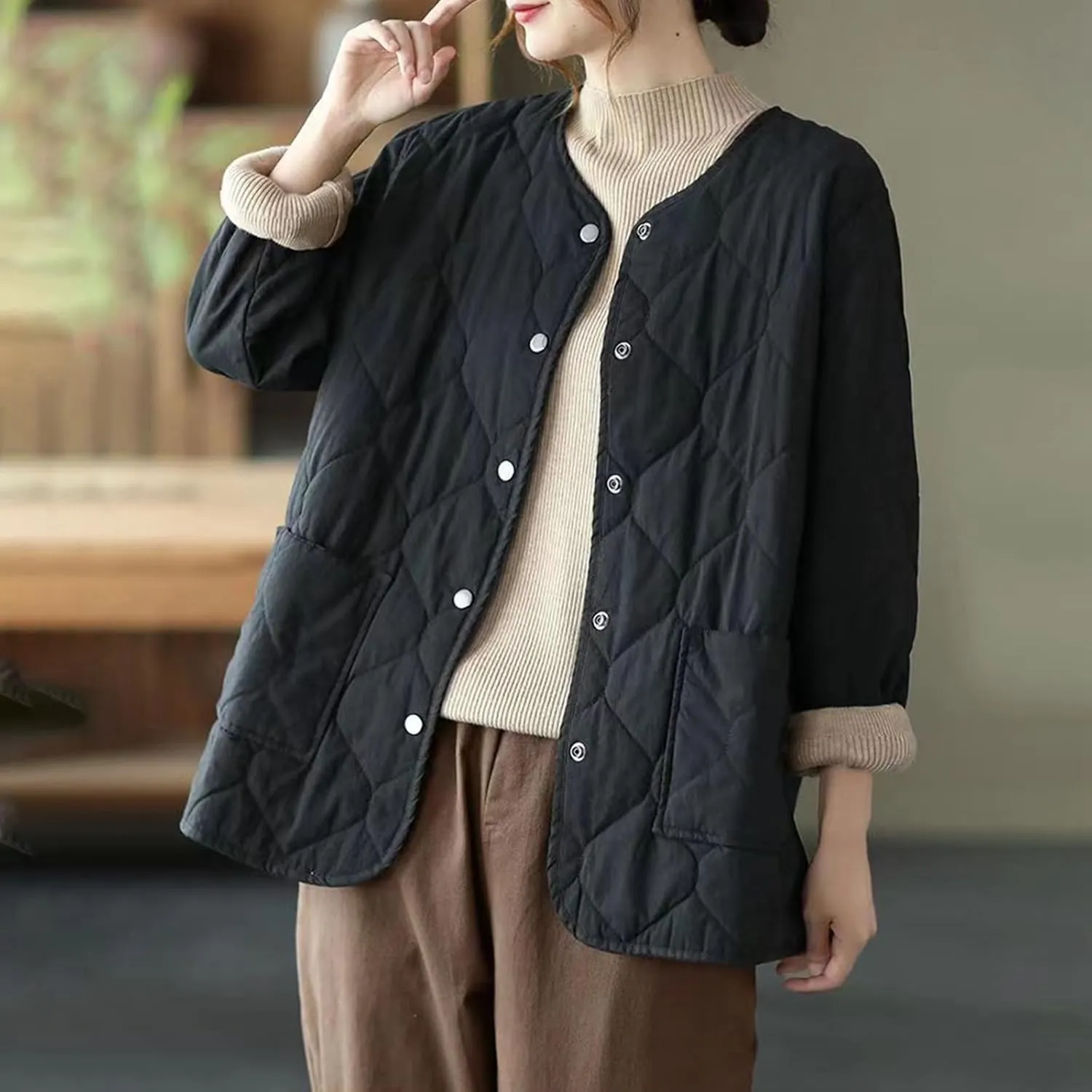 Womens Solid Metal Button Overcoat Round Neck Long Sleeve Jacket Oversized Lightweight Warm Coat Winter Outdoor Clothes