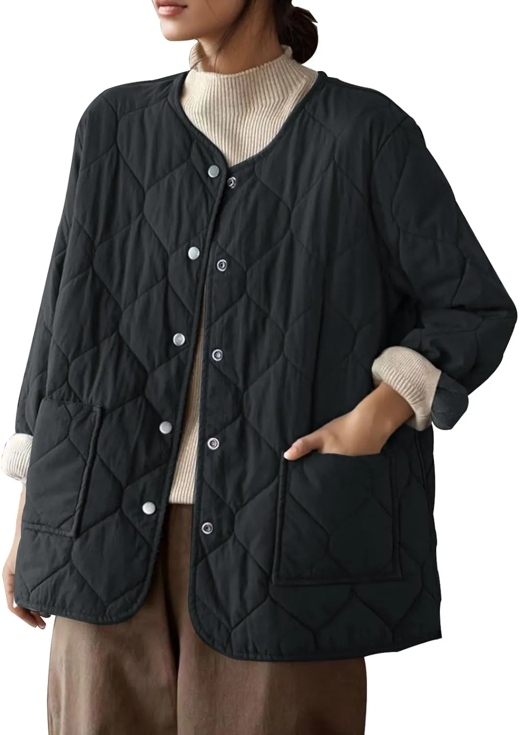 Womens Solid Metal Button Overcoat Round Neck Long Sleeve Jacket Oversized Lightweight Warm Coat Winter Outdoor Clothes