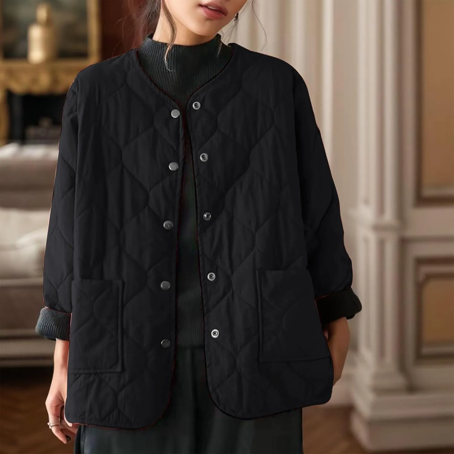 Womens Solid Metal Button Overcoat Round Neck Long Sleeve Jacket Oversized Lightweight Warm Coat Winter Outdoor Clothes
