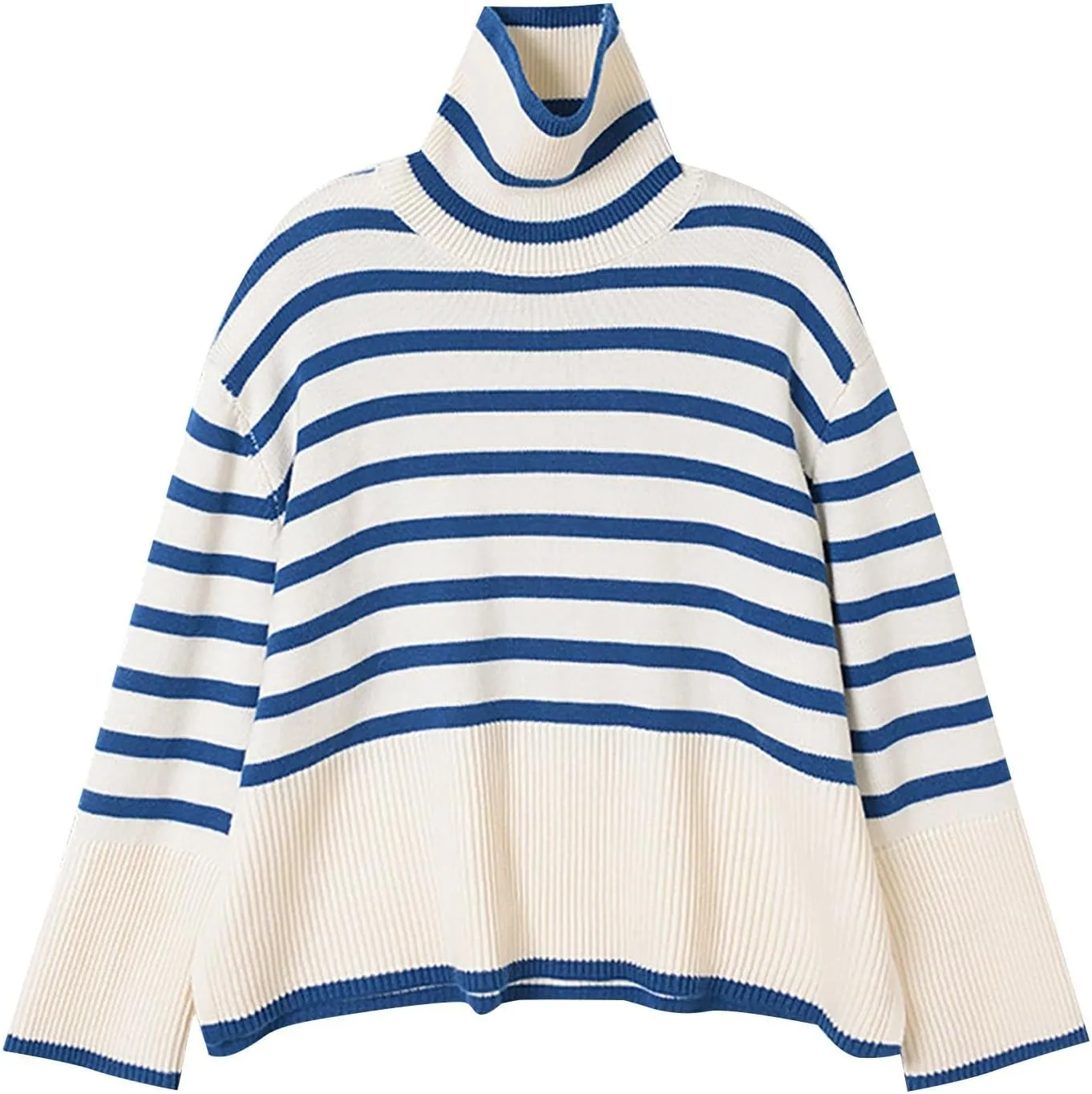 Womens Striped Sweaters Fall Color Block Turtleneck Knit Long Sleeve Casual Oversized Trendy Side Split Pullover Top