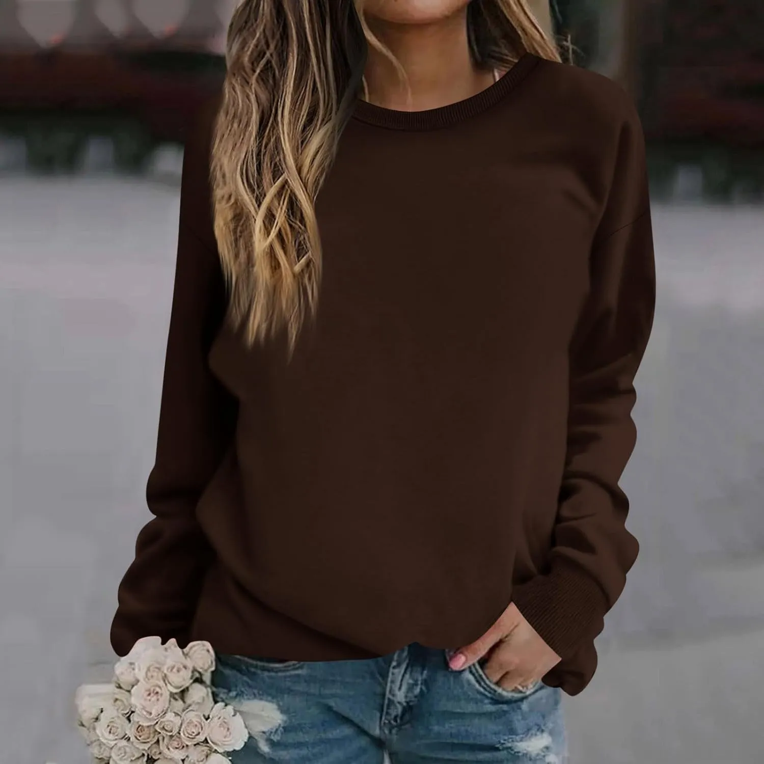 Womens Tops Oversized Solid Color Sweatshirt Casual Long Sleeve Shirts Fall Winter Crew Neck Clothes