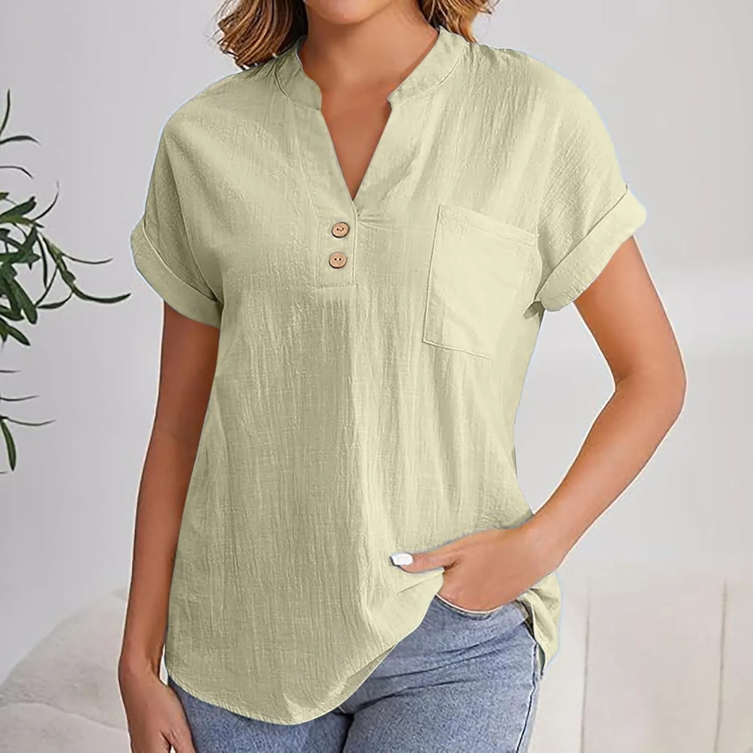 Womens Tops Trendy Short Sleeve V Neck Button Cotton Linen Solid Tunics Shirts Loose Casual Summer Tees with Pockets