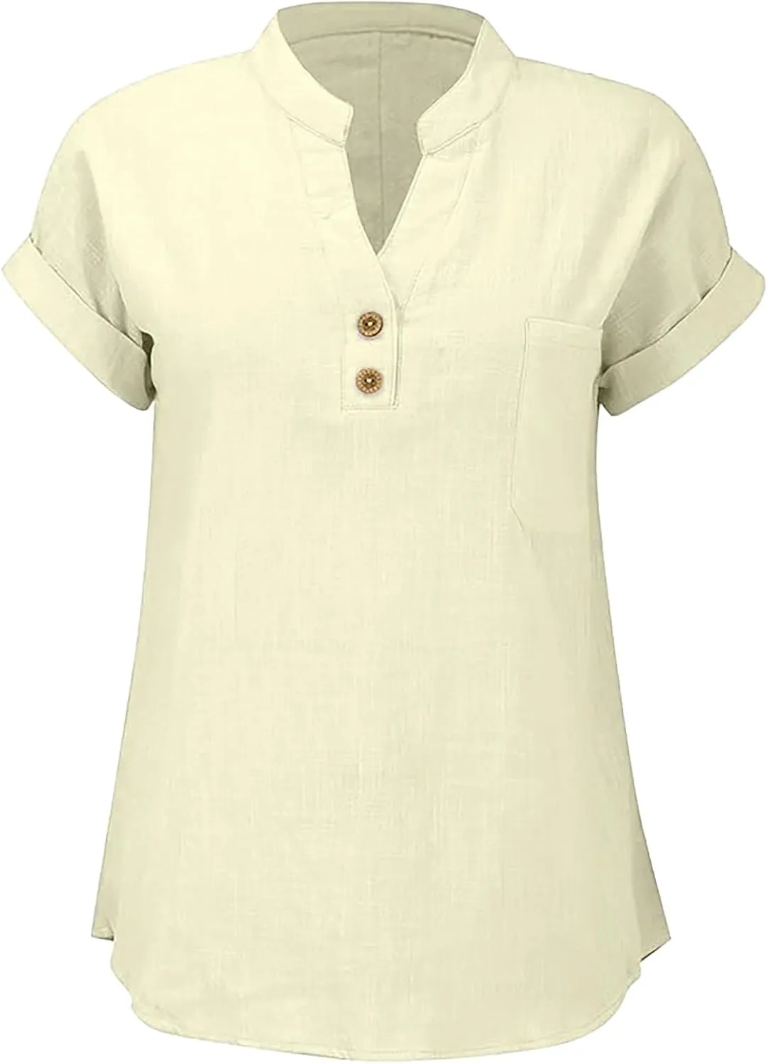 Womens Tops Trendy Short Sleeve V Neck Button Cotton Linen Solid Tunics Shirts Loose Casual Summer Tees with Pockets