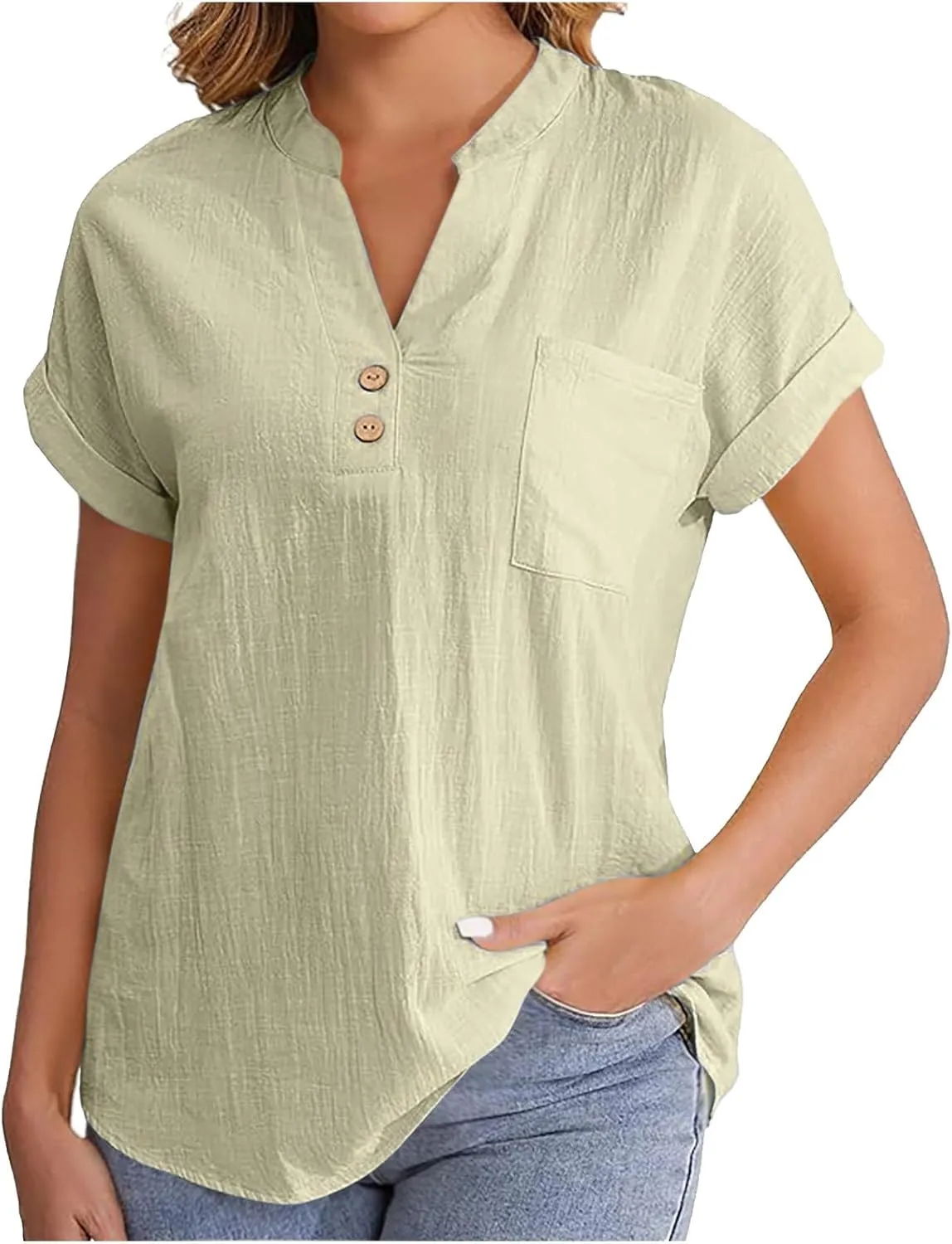 Womens Tops Trendy Short Sleeve V Neck Button Cotton Linen Solid Tunics Shirts Loose Casual Summer Tees with Pockets