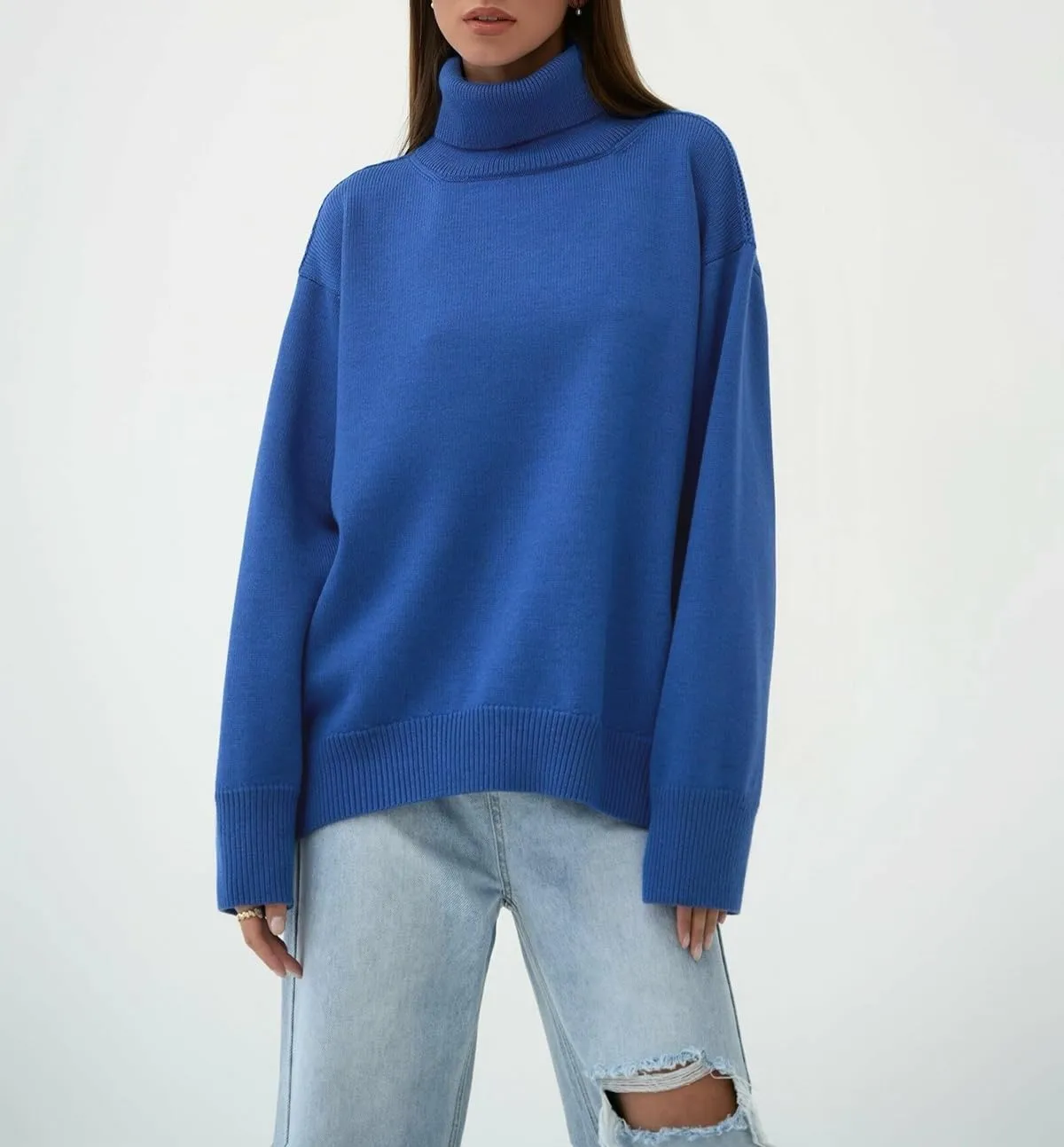 Women's Turtleneck Sweater Pure Color Long Sleeve Oversized Sweaters Loose fit Chunky Knit Sweaters Ribbed Fall Sweater