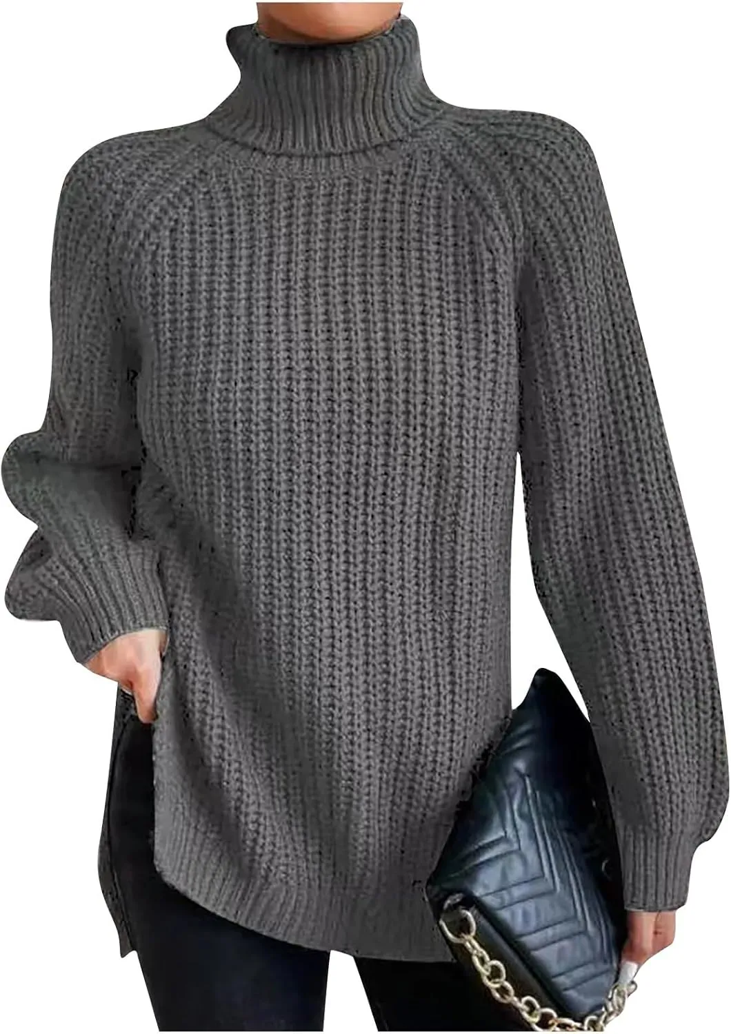 Women's Turtleneck Sweaters Oversized Tops Side Slit High Low Hem Pullover Ribbed Sweaters Cozy Jumper Tops S-3XL Dark Gray