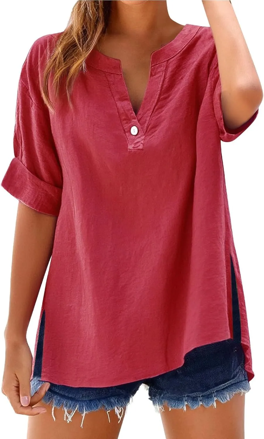 Womens V Neck Linen Henley Shirts 2025 Trendy Short Sleeve Button Summer Tee Blouses Loose Dressy Vacation Tunic Tops