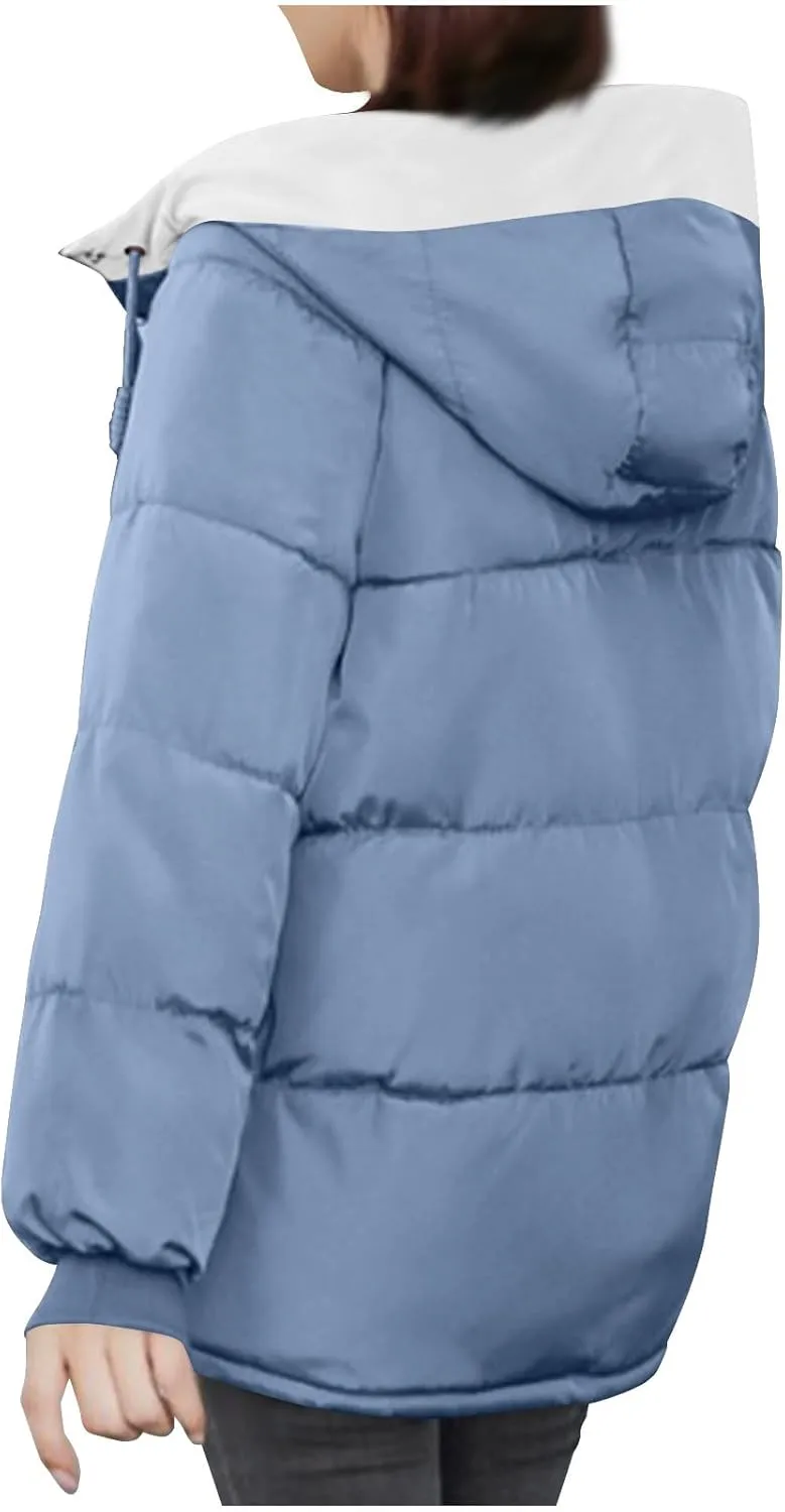 Womens Winter Quilted Hooded Jackets, Full Zip Thicken Long Sleeve Puffer Jacket Windproof Coats with Pocket