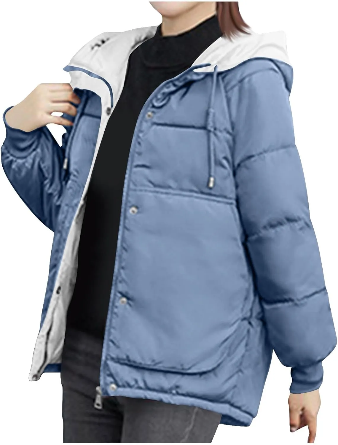 Womens Winter Quilted Hooded Jackets, Full Zip Thicken Long Sleeve Puffer Jacket Windproof Coats with Pocket