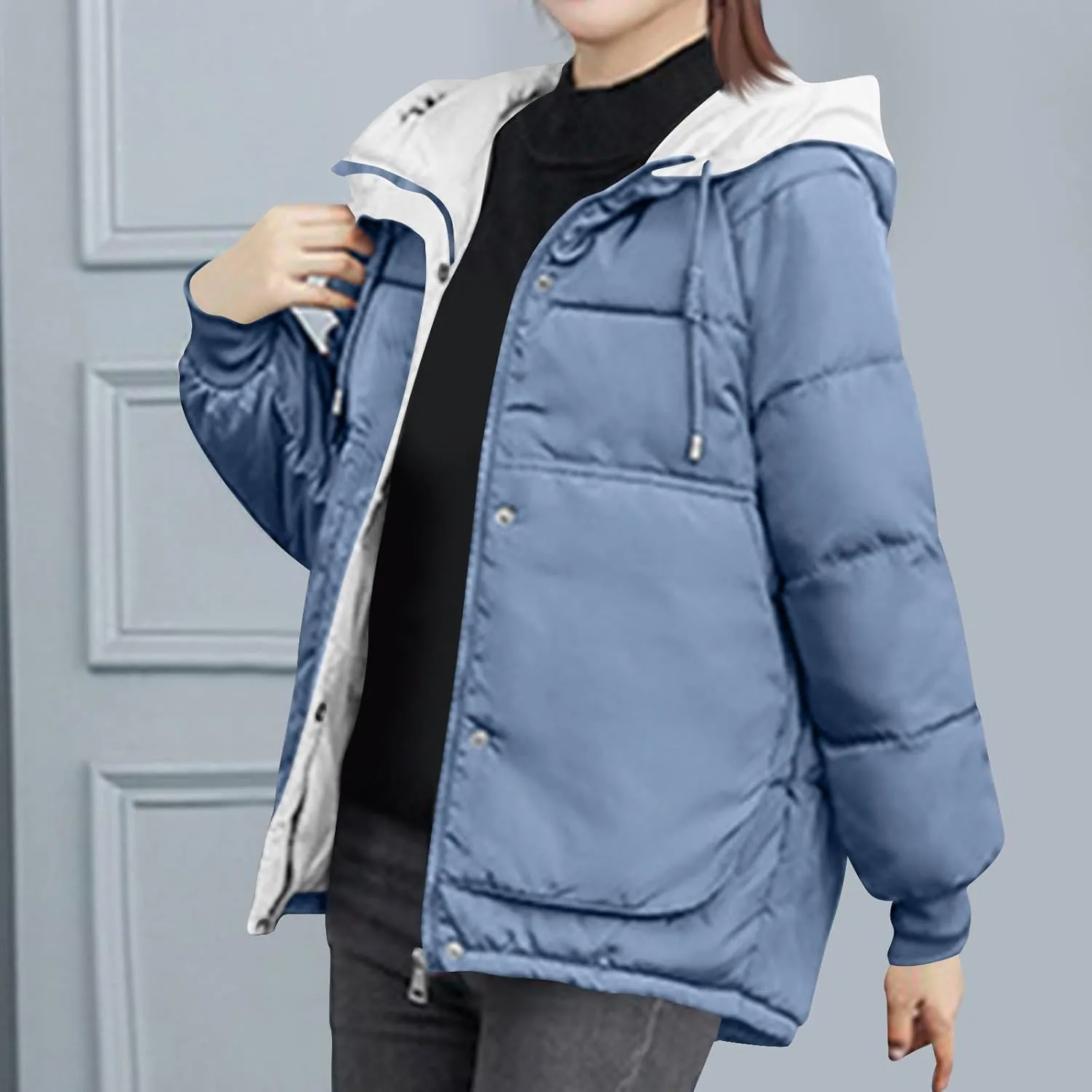 Womens Winter Quilted Hooded Jackets, Full Zip Thicken Long Sleeve Puffer Jacket Windproof Coats with Pocket