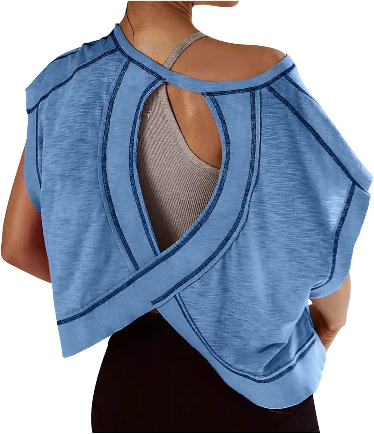 Workout Tops for Women Open Back Athletic Shirts Casual Short Sleeve Round Neck Backless Running Yoga Shirt Crop Top