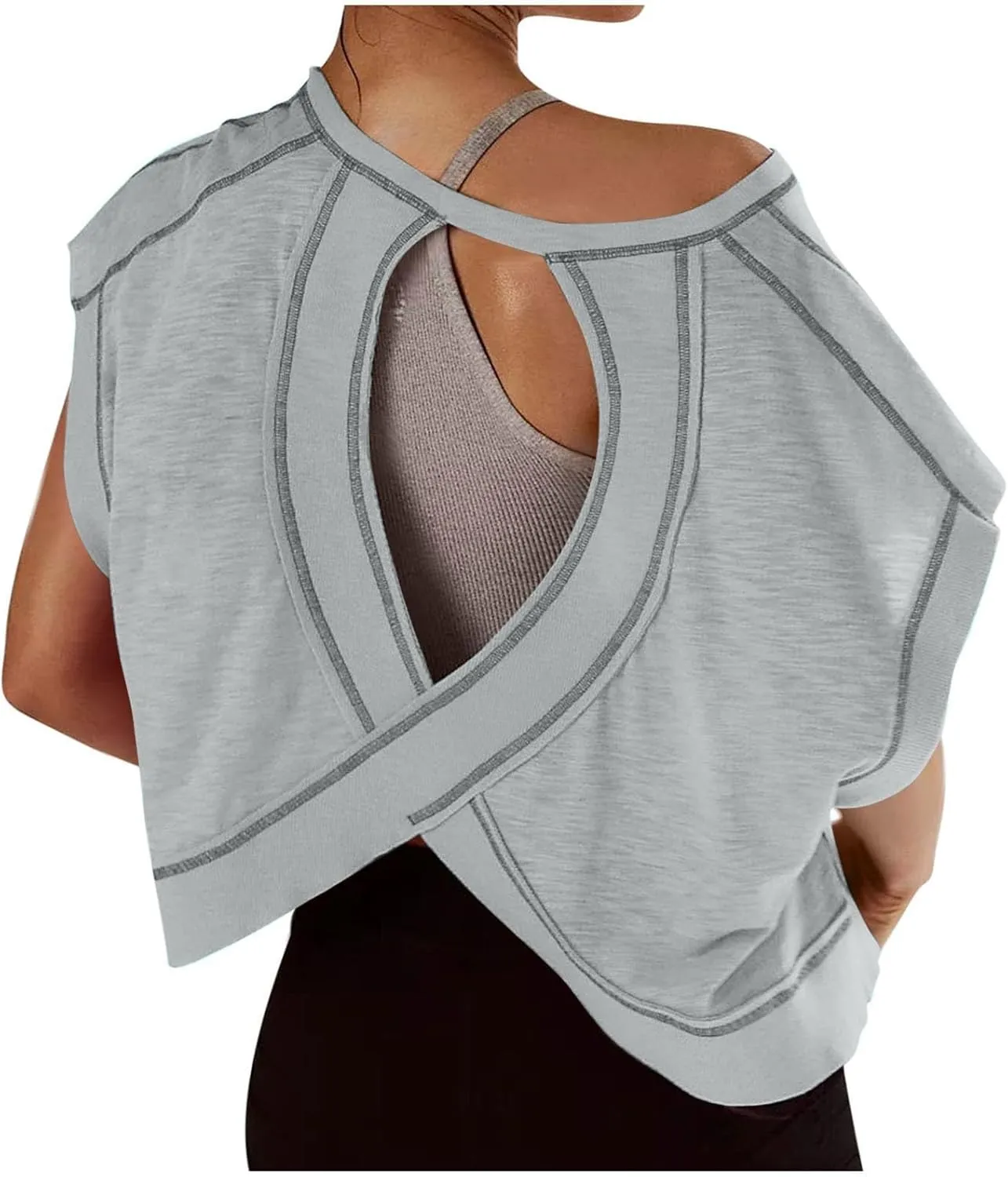 Workout Tops for Women Open Back Athletic Shirts Casual Short Sleeve Round Neck Backless Running Yoga Shirt Crop Top